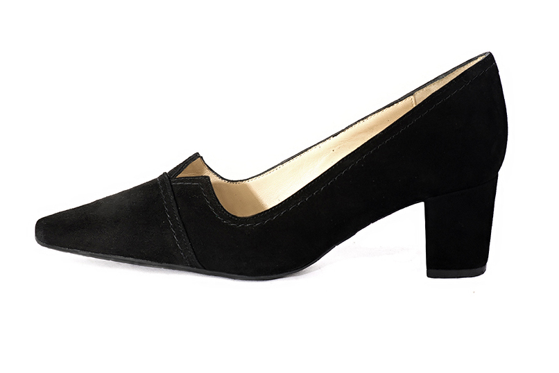 Matt black women's dress pumps,with a square neckline. Tapered toe. Medium block heels. Profile view - Florence KOOIJMAN